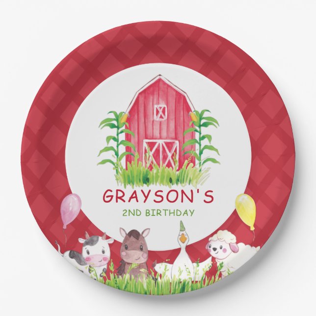 Farm Birthday Personalised Plaid Paper Plate (Front)