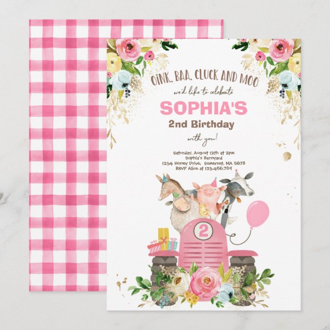 Farm Birthday Pink Old MacDonald Barnyard Party Invitation (Front/Back)