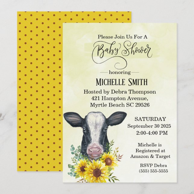 Farm Black Cow Yellow Sunflower Baby Shower   Invitation (Front/Back)