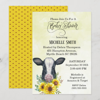 Farm Black Cow Yellow Sunflower Baby Shower Invitation