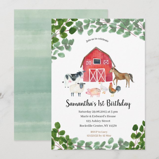 Farm Boy Birthday Invitation Greenery (Front/Back)