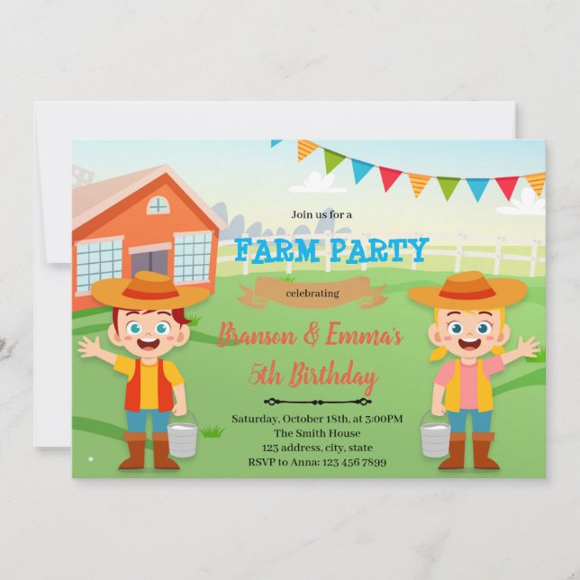 Farm boy girl joint party invitation (Front)