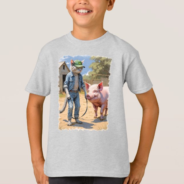 Farm Cat in the barnyard with his happy pig! T-Shirt (Front)