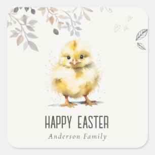Farm Chick Watercolor Floral Happy Easter Square Sticker
