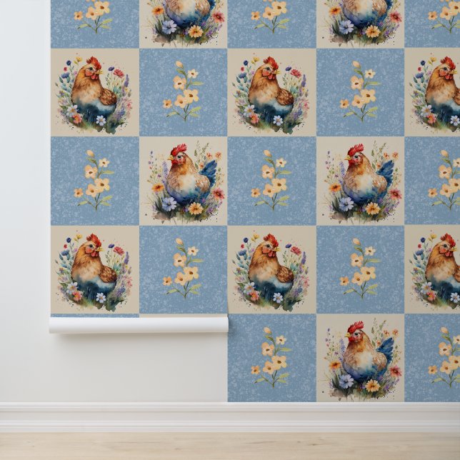 Farm Chicken Floral Farmhouse Blue Squares Wallpaper (Application)