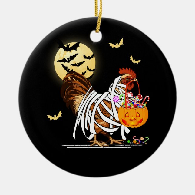 Farm Chicken Mummy Pumpkin Jack O Lantern Hallowee Ceramic Tree Decoration (Front)