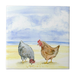 FARM CHICKEN TILE, LOVELY HENS EATING TILE