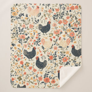 Farm Chickens, Hens \ Flowers Cottage Sherpa Blanket
