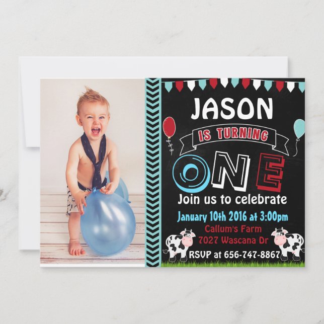 Farm Cow Birthday invitations with photo invite (Front)