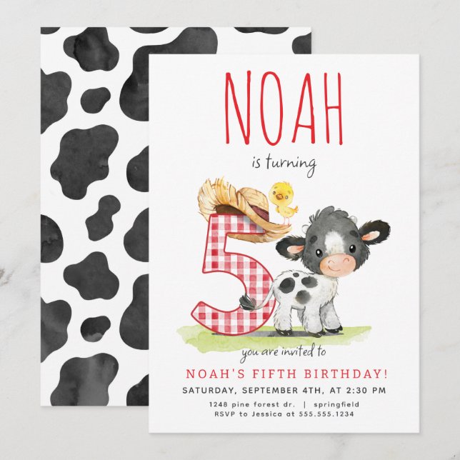 Farm Cow Fifth Birthday Invitation (Front/Back)