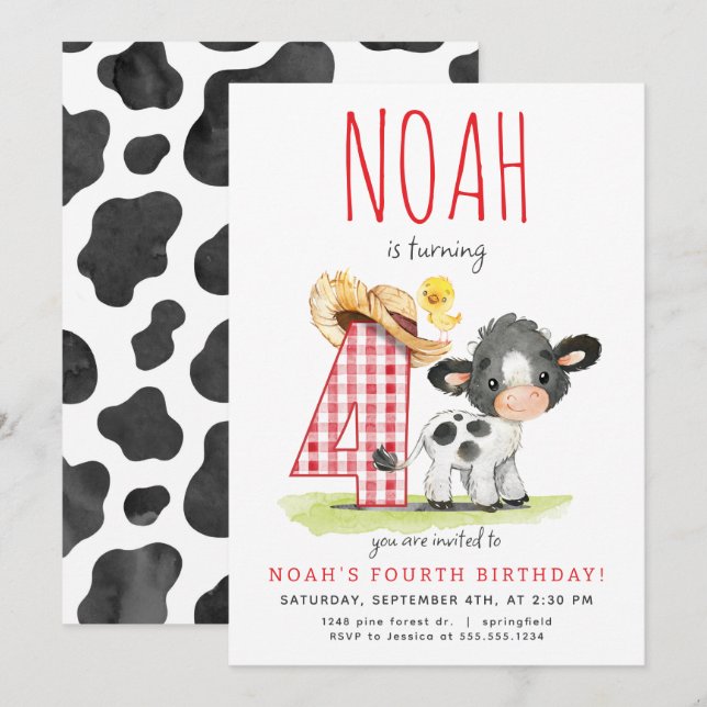 Farm Cow Fourth Birthday Invitation (Front/Back)