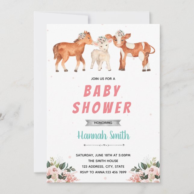 Farm cow horse sheep baby shower party invitation (Front)