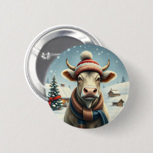 Farm Cow in Preppy Winter Attire and Hat Winter 6 Cm Round Badge