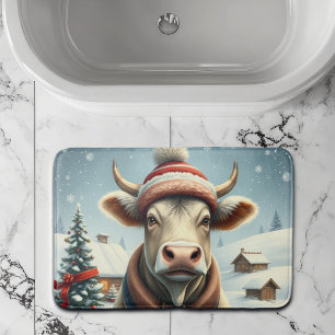 Farm Cow in Preppy Winter Attire and Hat Winter Bath Mat