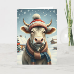 Farm Cow in Preppy Winter Attire and Hat Winter Card