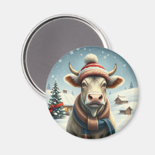 Farm Cow in Preppy Winter Attire and Hat Winter Magnet