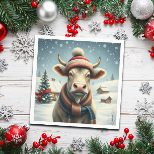 Farm Cow in Preppy Winter Attire and Hat Winter Napkin