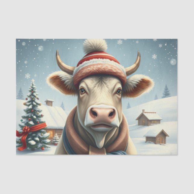 Farm Cow in Preppy Winter Attire and Hat Winter Tissue Paper (Front)