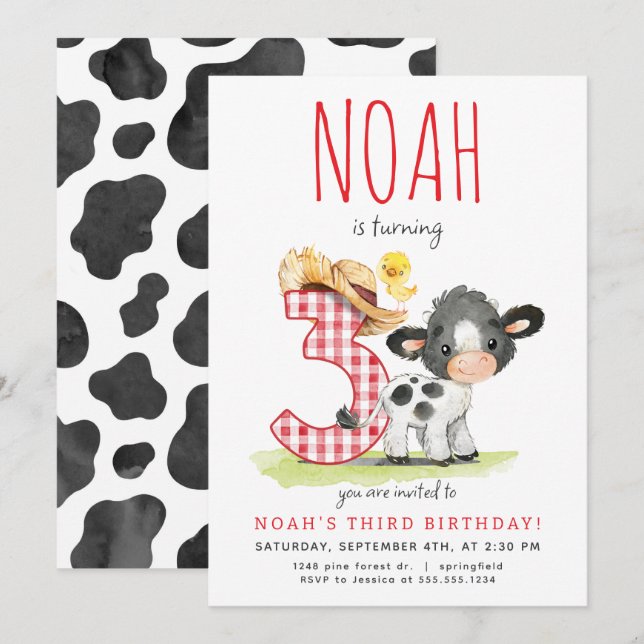 Farm Cow Third Birthday Invitation (Front/Back)