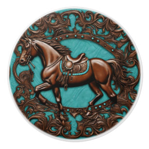 Farm Cowboy Western Country Turquoise Brown Horse  Ceramic Knob