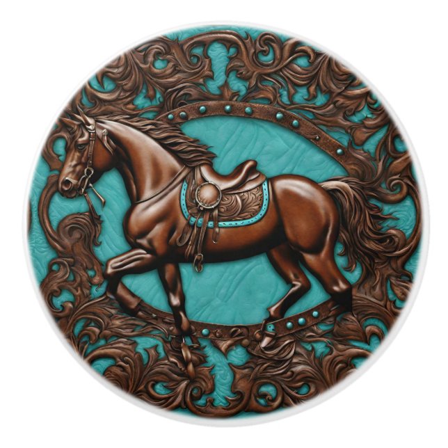 Farm Cowboy Western Country Turquoise Brown Horse  Ceramic Knob (Front)
