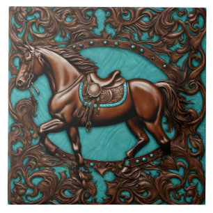 Farm Cowboy Western Country Turquoise Brown Horse Tile