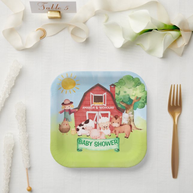 Farm Cute Animals Greenery Baby Shower  Paper Plate (Wedding)