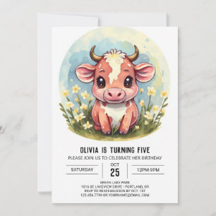 Farm Cute Modern Cow Birthday Invitation