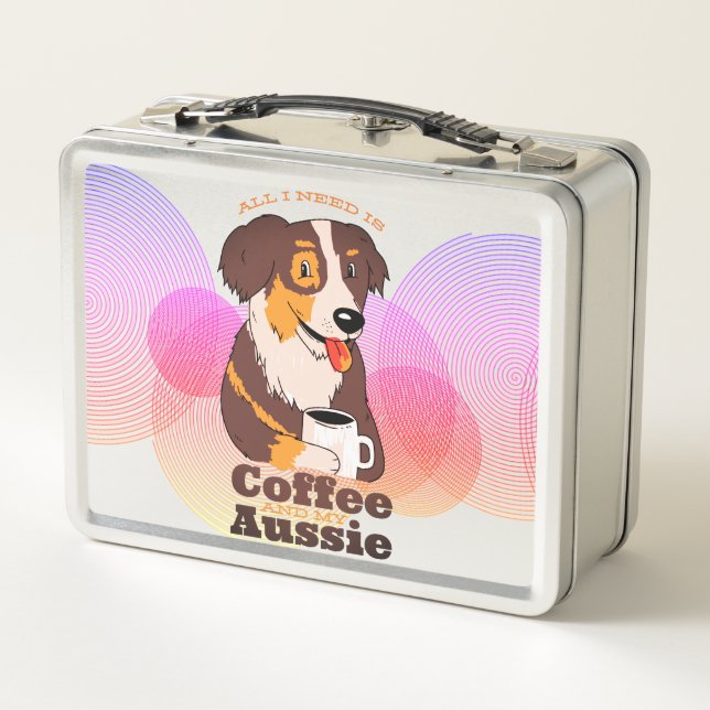 Farm Dog Aussie Shepherd Caffeine Lover Design Metal Lunch Box (Back)