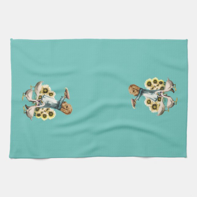 Farm Dog Feeding the Ducks Tea Towel (Horizontal)