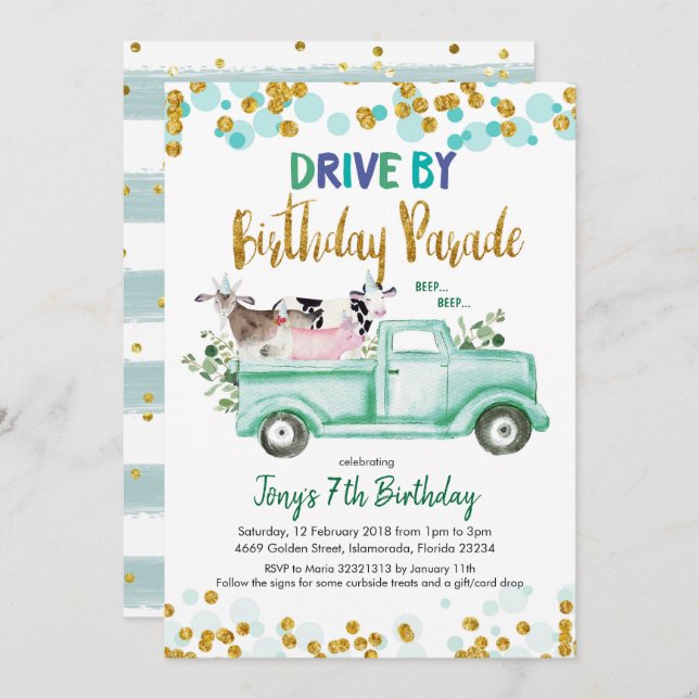 Farm Drive by Boy Birthday Parade Invitation (Front/Back)