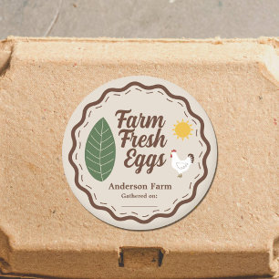 Farm Eggs Label Sticker with Chicken, Sun and Leaf