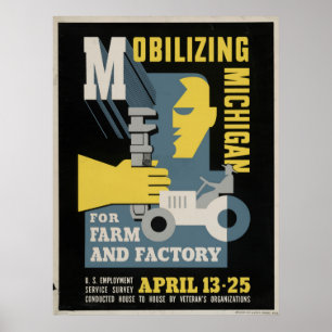 Farm Factory Mobilising Michigan 1943 WPA Vintage Poster