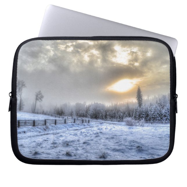 Farm Field in Winter Snow at Sunrise Laptop Sleeve (Front)