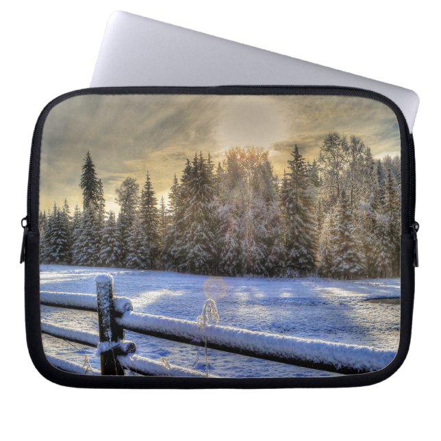 Farm Field in Winter Snow at Sunrise Laptop Sleeve (Front)