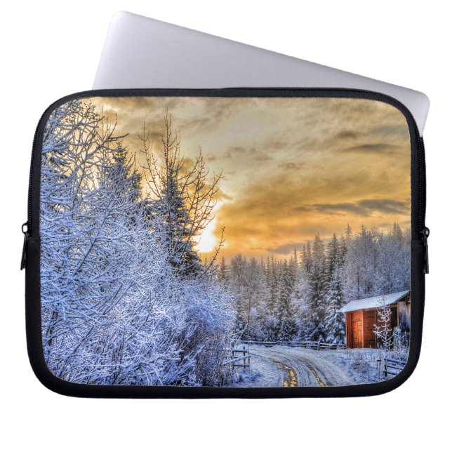 Farm Field in Winter Snow at Sunrise Laptop Sleeve (Front)