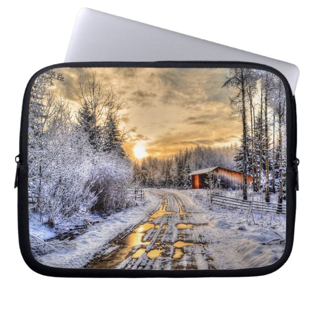 Farm Field in Winter Snow at Sunrise Laptop Sleeve (Front)