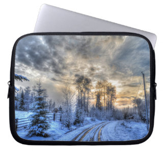 Farm Field in Winter Snow at Sunrise Laptop Sleeve
