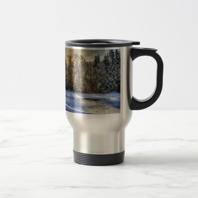 Farm Field in Winter Snow at Sunrise Travel Mug (Right)