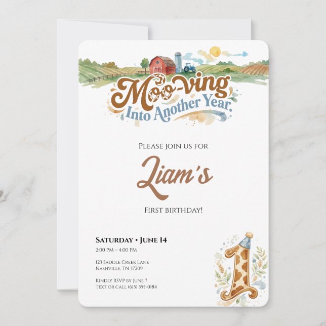 Farm First Birthday Invitation Moo-ving Into One (Front)