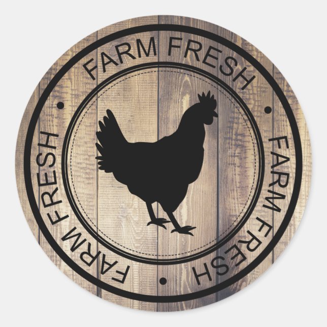 Farm Fresh Black Hen Silhouette & Barn Wood Planks Classic Round Sticker (Front)