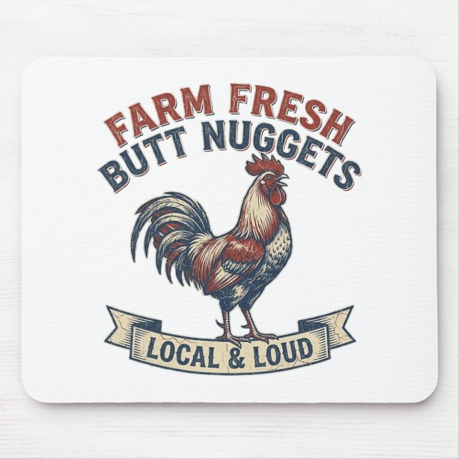 Farm Fresh Butt Nuggets Rooster Funny Retro Chicke Mouse Mat (Front)