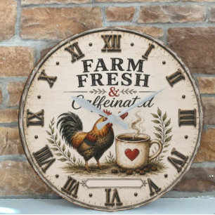 Farm Fresh & Caffeinated Rustic Rooster Coffee Large Clock