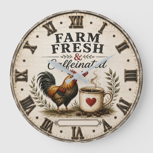 Farm Fresh & Caffeinated Rustic Rooster Coffee Large Clock (Front)