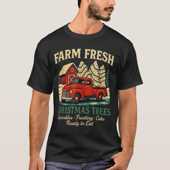 Farm Fresh Debbie Christmas Cake Retro Red Truck H T-Shirt (Front)