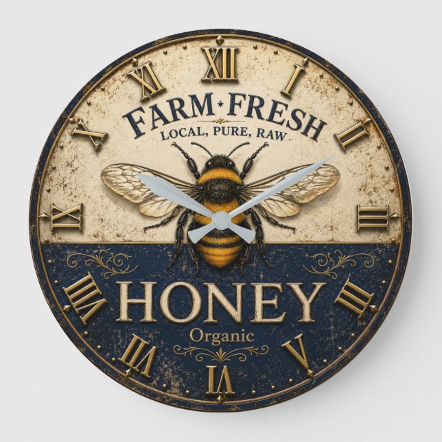 Farm Fresh Honey Bee Beekeeping Farmhouse Kitchen Large Clock (Front)