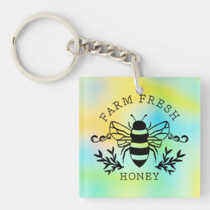 Farm Fresh Honey Bee Botanical Vintage Design Key Ring