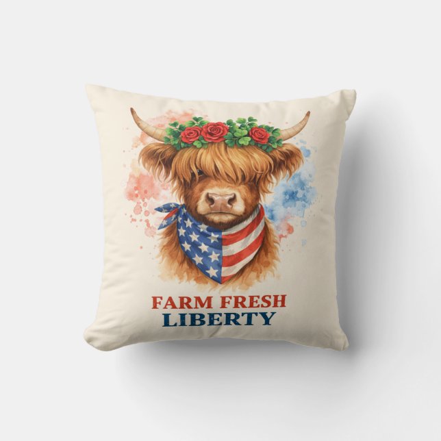 Farm Fresh Liberty Highland Cow Patriotic USA Art Cushion (Front)