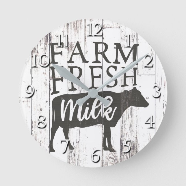 Farm Fresh Milk Cow White Wood Country Farmhouse Round Clock (Front)
