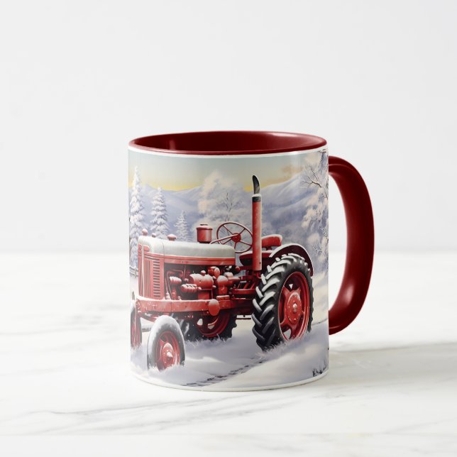 Farm Fresh Red Tractor Wintery Landscape Mug (Front Right)